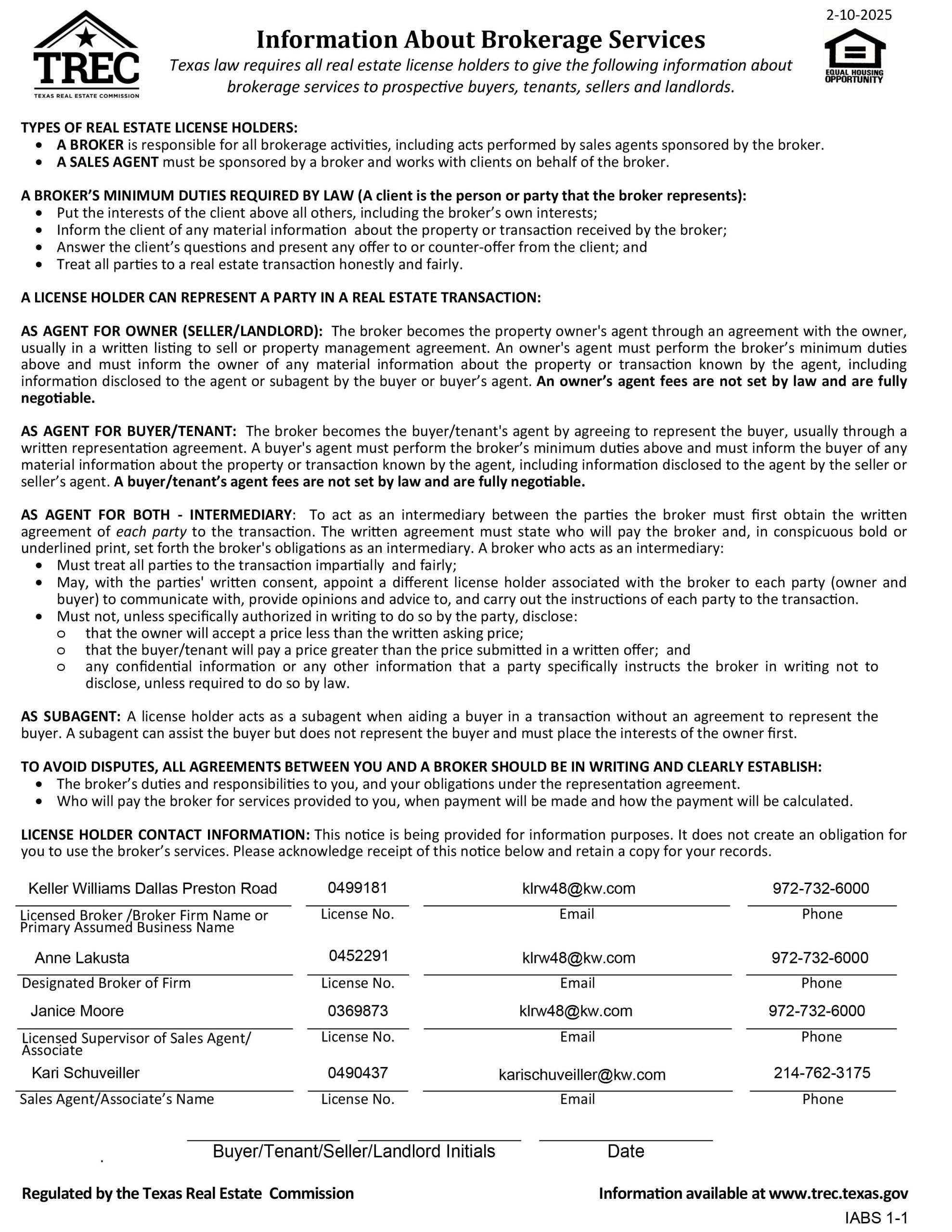 TREC NO. IABS 1-1, INFORMATION ABOUT BROKERAGE SERVICES